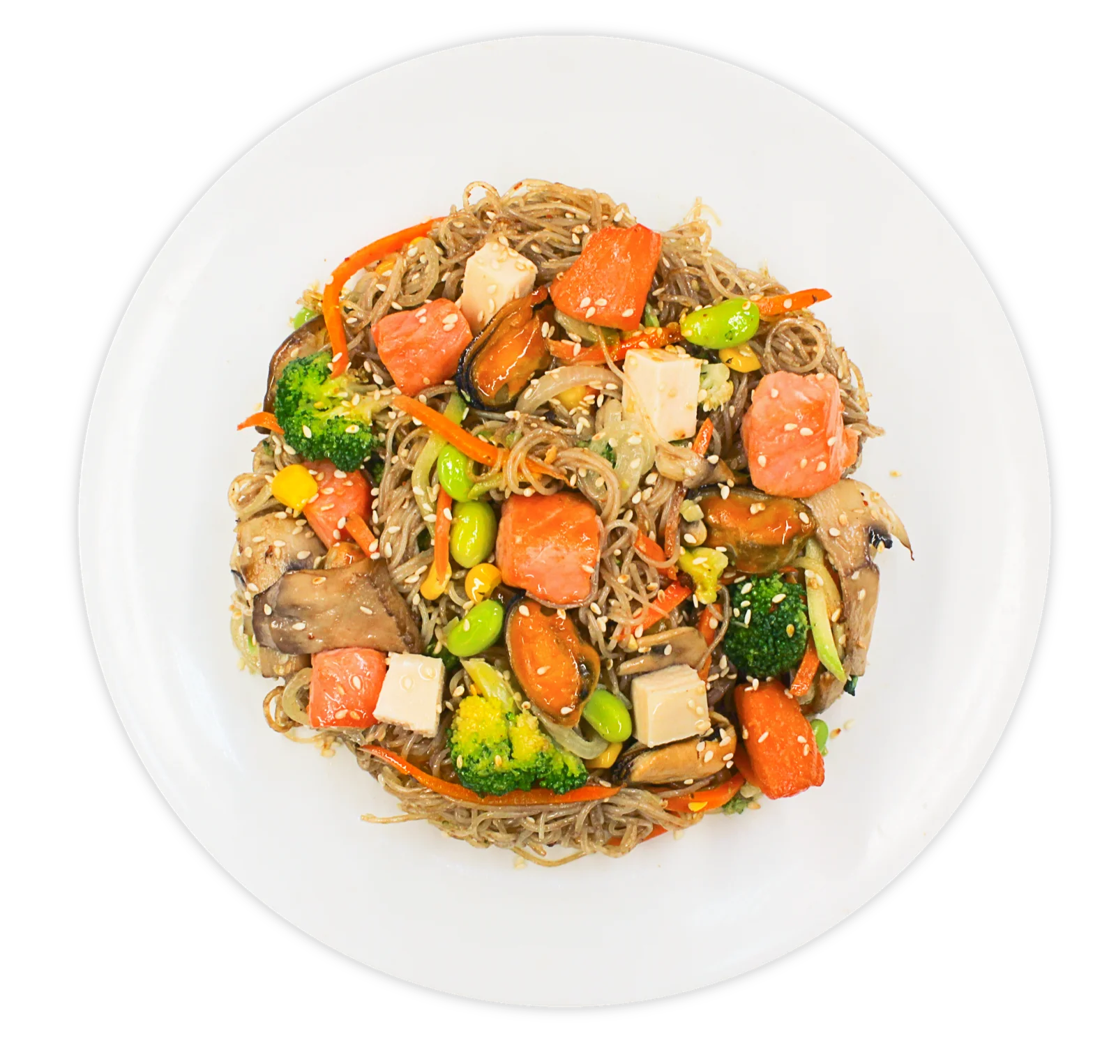 Funchoza noodles with seafood