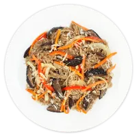 Funchoza noodles with shiitake mushrooms in a cream sauce